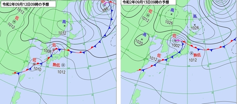 図1　予想天気図（左は9月12日9時の予想図、右は13日9時の予想図）