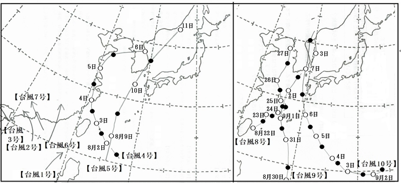 図3　令和2年（2020年）の台風1号から10号の経路図