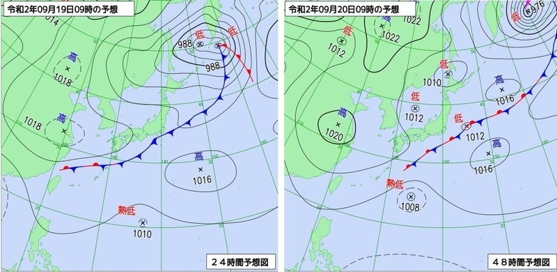 図2　予想天気図（左は9月19日9時、右は9月20日9時の予想）