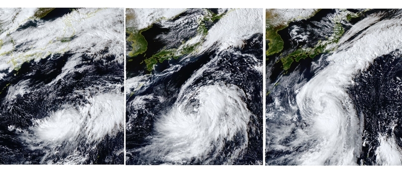 図1　台風14号の雲の変化（左から10月4日15時、5日15時、6日15時）
