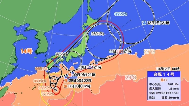 図1　台風14号の進路・強度予報（10月8日0時の予想）