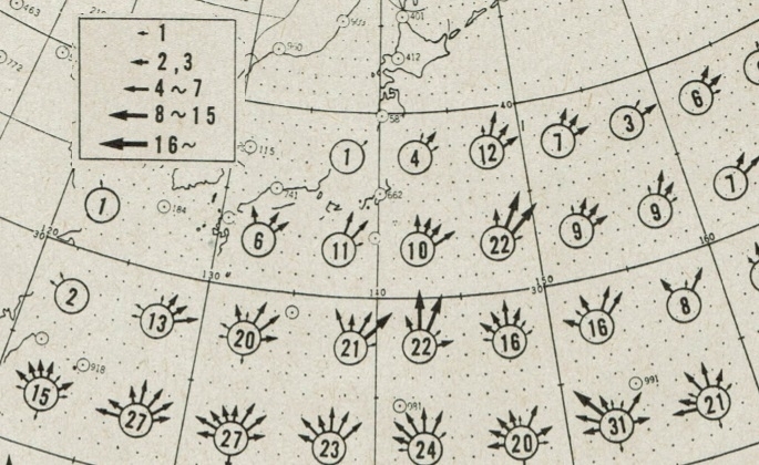 図2　月別・海域別の台風の進行方向（10月の一部、昭和26年（1951年）～昭和52年（1977年））