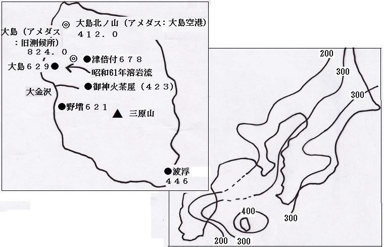 図4　伊豆大島の2日間降水量（平成25年10月15～16日：黒丸は東京都の観測所）