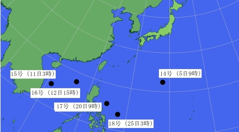 図5　令和2年（2020年）10月に台風が発生した場所（台風14号から台風18号）