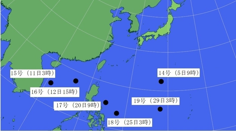 図1　令和2年（2020年）10月に台風が発生した海域（台風14号から台風19号）