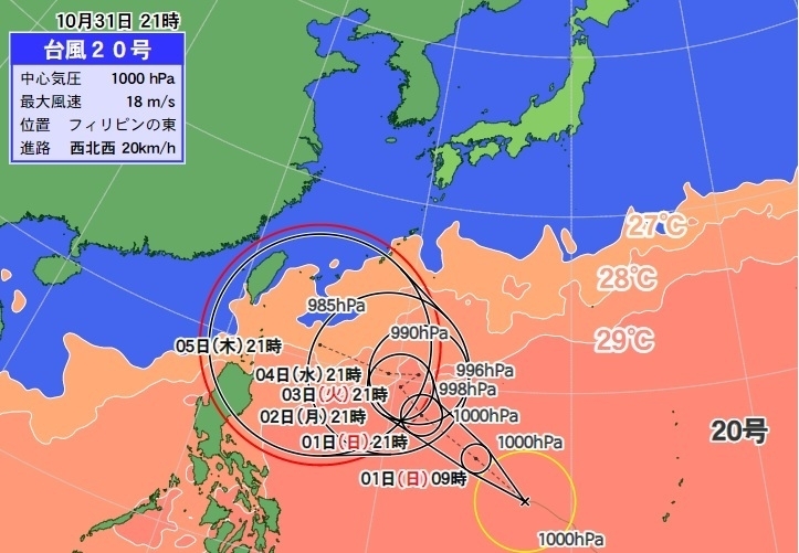 図2　台風20号の進路予報（10月31日21時の予報）