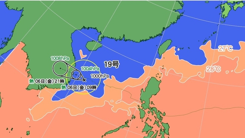 図1　台風19号の進路予報と海面水温（11月5日21時）