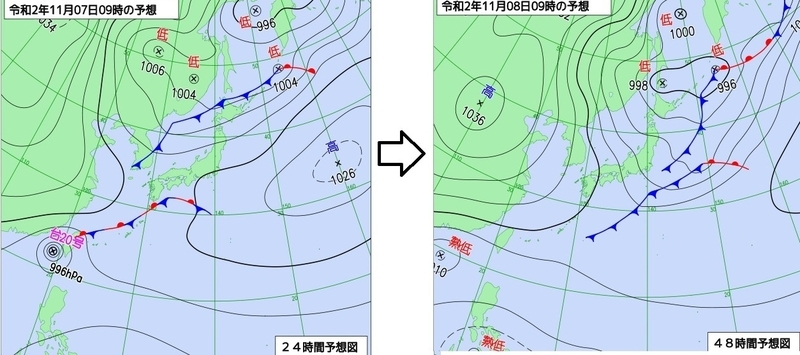 図2　予想天気図（左は11月7日9時予想、右は8日9時の予想）