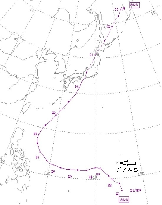 図1　最遅上陸台風の経路図（平成2年（1990年）の28号）