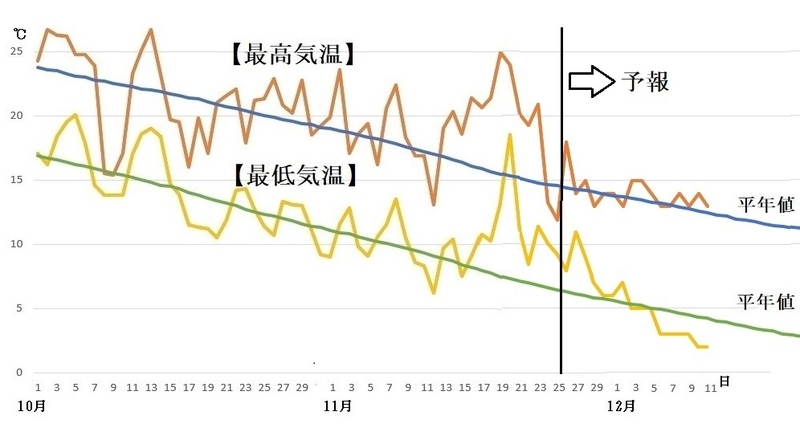 図3　東京の最高気温と最低気温（11月26日から12月2日は気象庁、12月3日から11日はウェザーマップの予報）