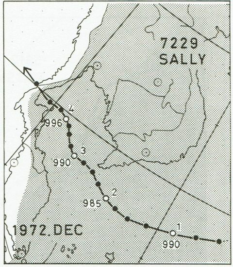 図3　昭和47年（1972年）の台風29号の経路（網目は南シナ海を含む北西太平洋）