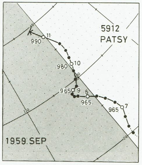 図2　昭和34年（1959年）の台風12号の経路（網目は東経）