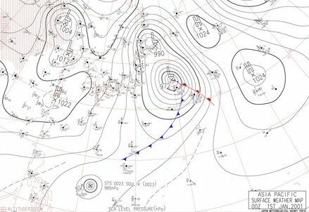 図3　気象庁作成のアジア太平洋天気図の一部（2001年1月1日9時）