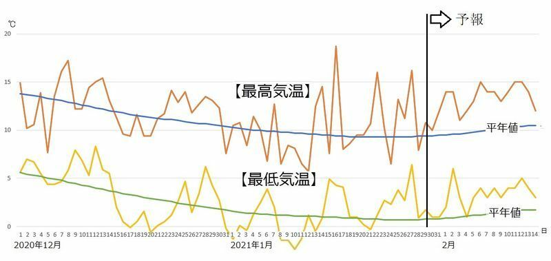 図5　東京の最高気温と最低気温（1月30日から2月5日は気象庁、2月6日から2月14日はウェザーマップの予報）