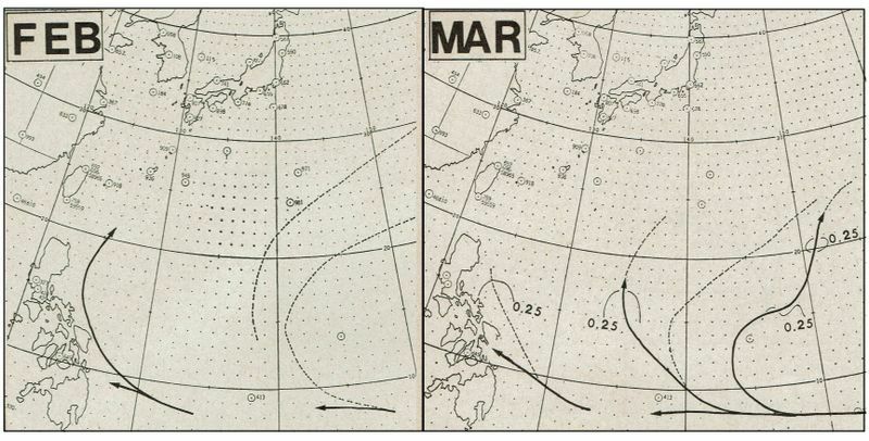 図5　台風の2月の平均進路（左）と3月の平均進路（右）