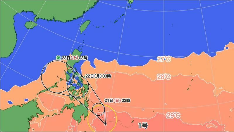 図1　台風1号の進路予報（2月20日3時発表）