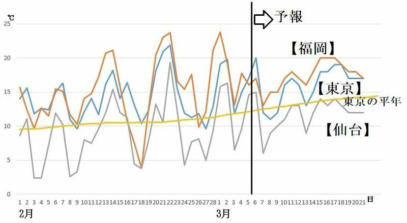 図3　福岡・東京・仙台の最高気温の推移（令和3年（2021年）2月以降、3月6日から12日は気象庁の予報、3月13日から21日はウェザーマップの予報）