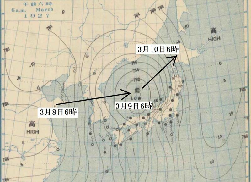 図1　中央気象台が作成・配布した印刷天気図（昭和2年3月9日6時）