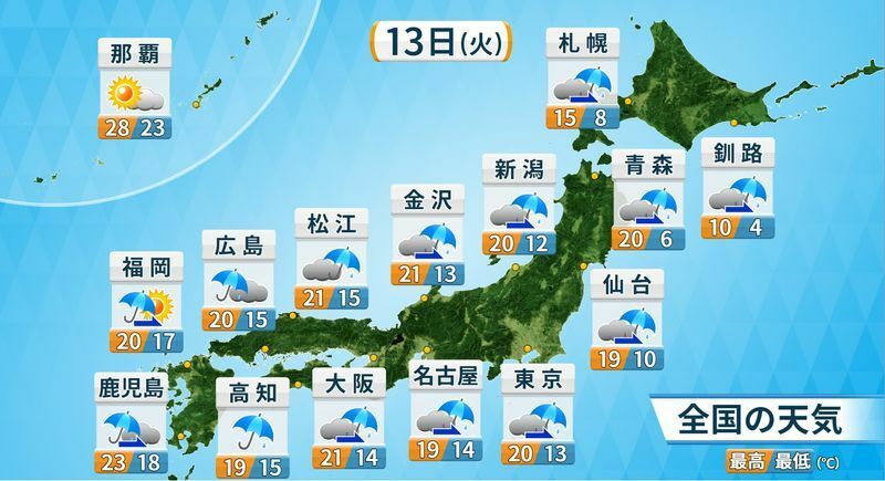 図1　各地の4月13日（火）の天気予報