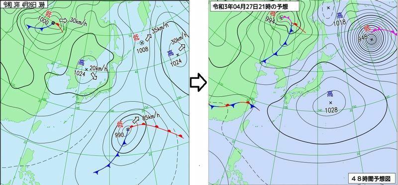 図1　天気図（左は4月26日3時の実況図、右は4月27日21時の予想図）