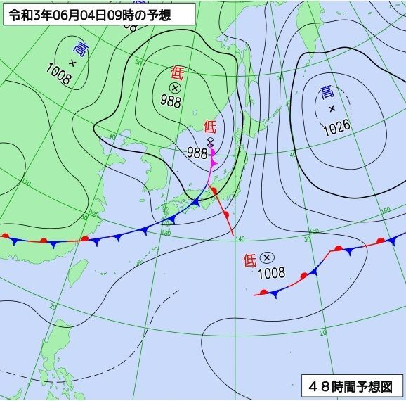 図2 予想天気図(6月4日9時の予想)
