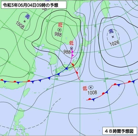 図2　予想天気図（6月4日9時の予想）