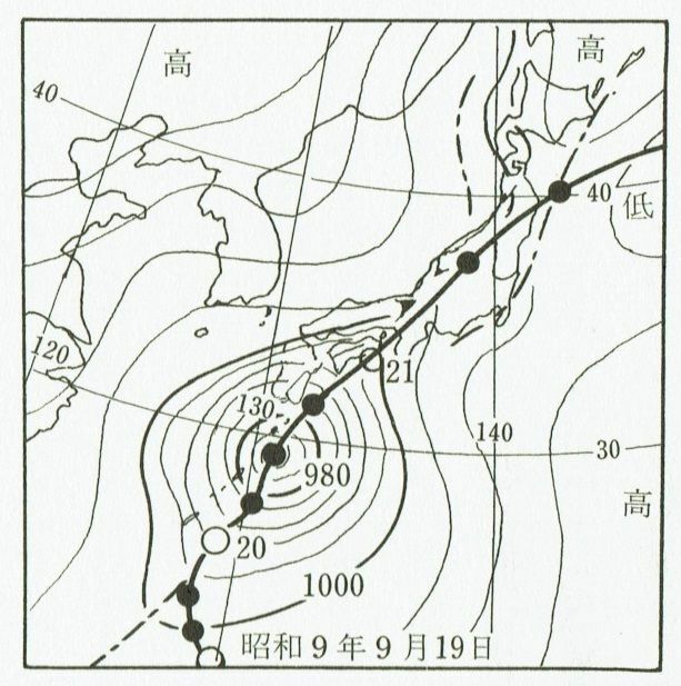 図2　室戸台風の経路（白丸は6時の位置）と昭和9年（1934年）9月20日18時の地上天気図