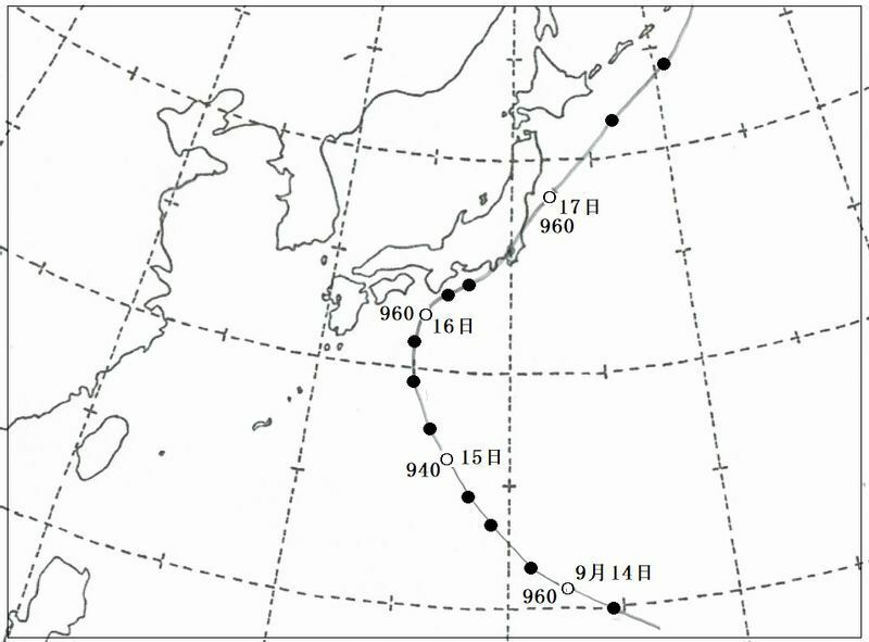図1　昭和23年のアイオン台風の経路（図中白丸は9時、黒丸は15時、21時、3時の位置）