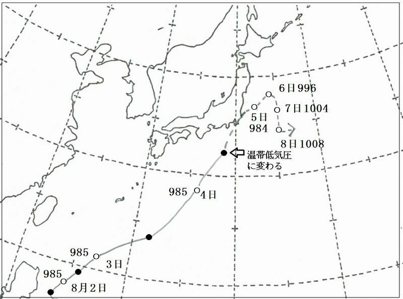 図2　昭和61年の台風10号の経路（図中白丸は9時、黒丸は21時の位置）