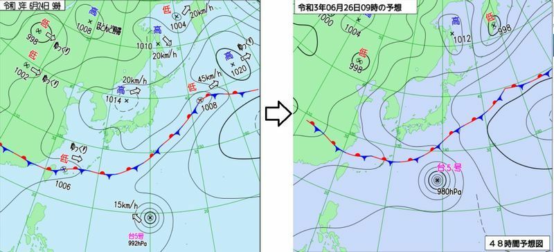図2　地上天気図（6月24日9時：左）と予想天気図（6月26日9時：右）