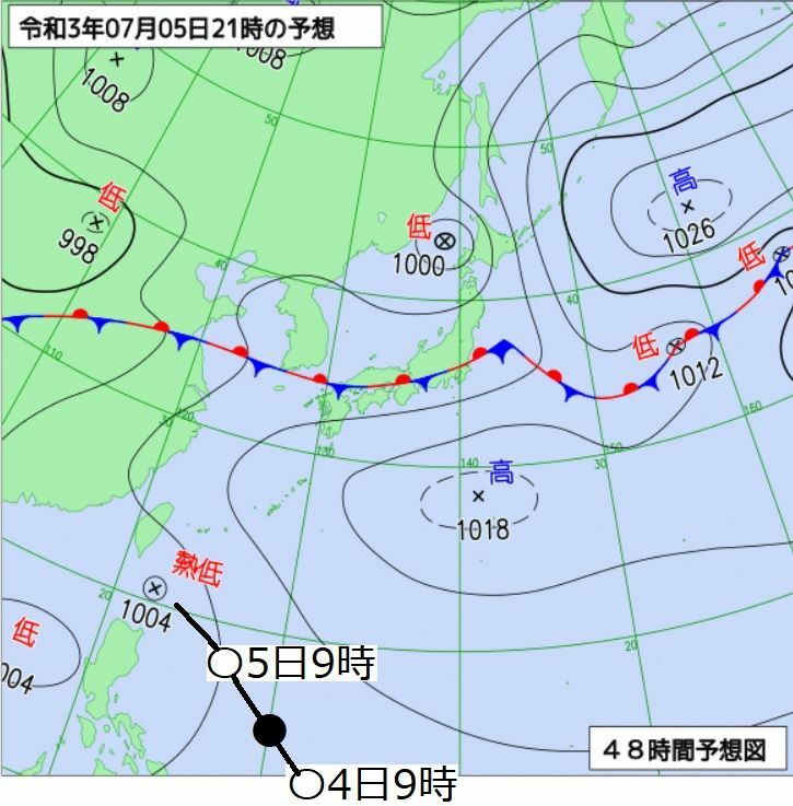図4　予想天気図（7月5日21時の予想）と熱帯低気圧の進路