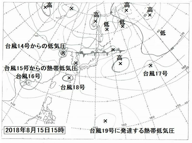 図1　台風が多い地上天気図の例（平成30年（2018年）8月15日9時）