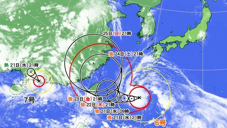 図3　台風6号と7号の進路予報（7月19日21時）