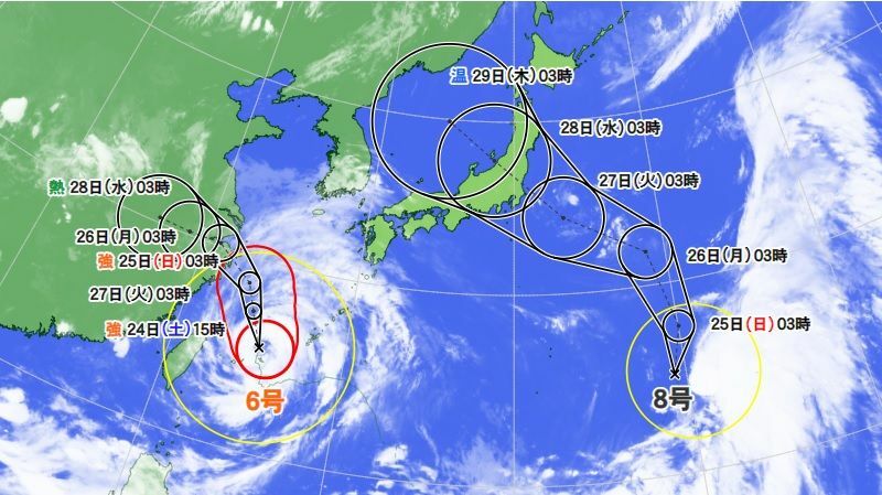 図2　台風6号と台風8号の進路予報（7月24日3時）