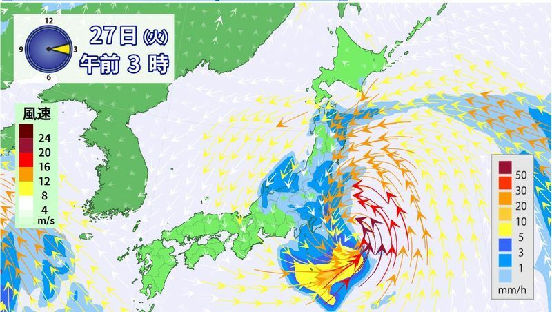 図6　東京に接近する台風8号による雨と風の分布予想（7月27日3時の予想）