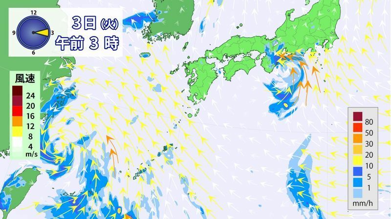 図4　想定される雨と風の分布（8月3日3時の予想）