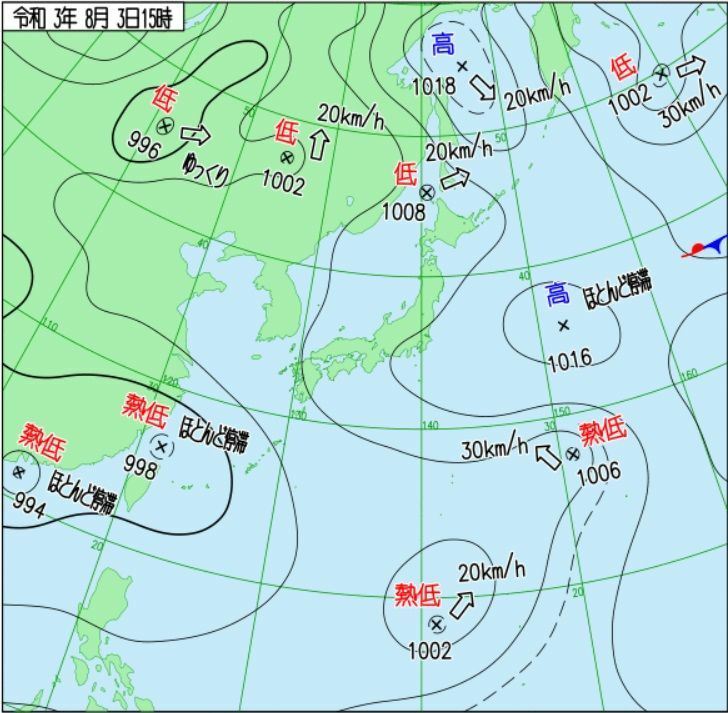 図1　熱帯低気圧が4個ある地上天気図（8月3日15時）