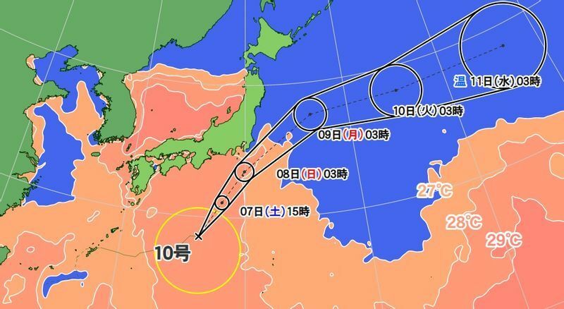 図1　台風10号の進路予報（8月7日3時の予報）
