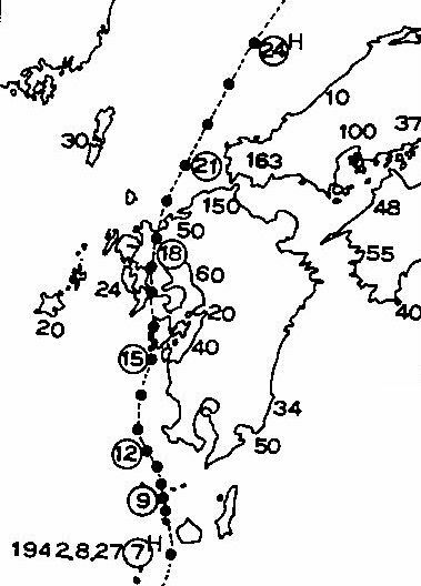 図1　昭和17年8月27日に長崎県に上陸した台風による高潮（単位はセンチメートル）