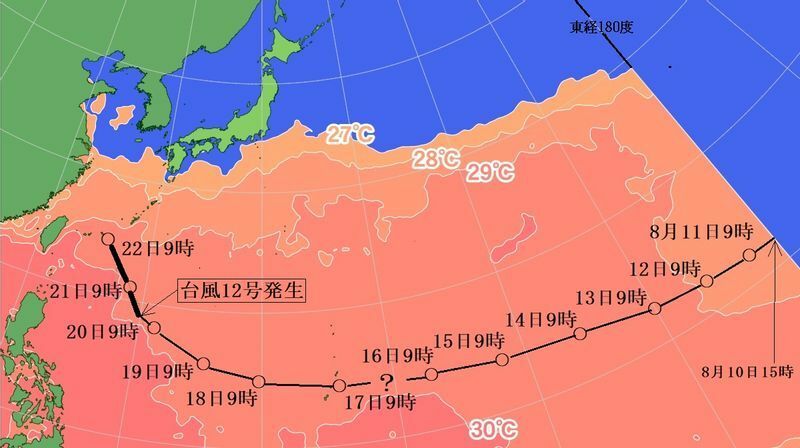 図1　台風12号の経路と海面水温（8月22日9時）
