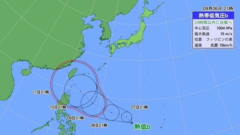 図3　台風14号になるかもしれない熱帯低気圧の進路予報（9月6日21時）