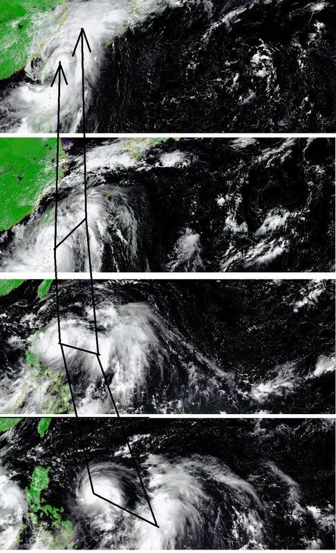 図2　台風14号の東海上にあった雨雲の塊の移動（上から9月12日・11日・10日・9日、ともに12時）