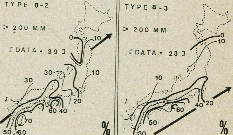 図3　200ミリ以上の発現率分布図（明治25年（1892年）から昭和53年（1978年）の330台風）