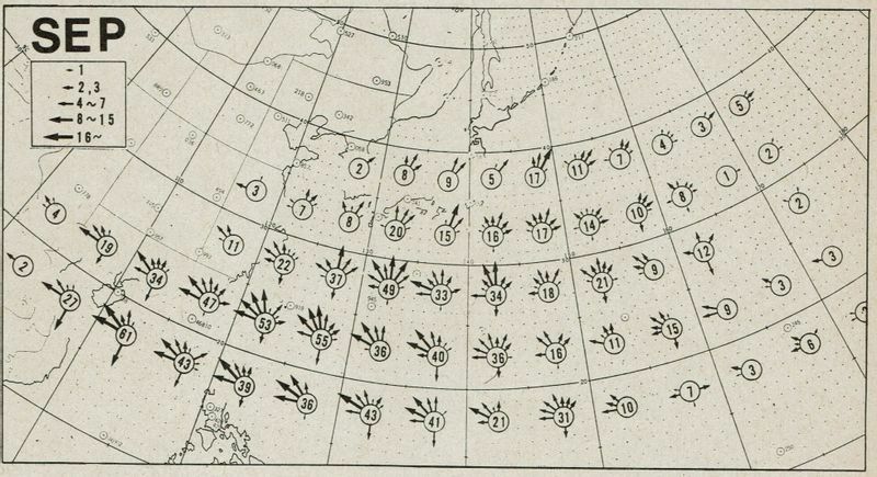 図2　9月の海域別の台風進行方向（昭和26年（1951年）～昭和52年（1977年））