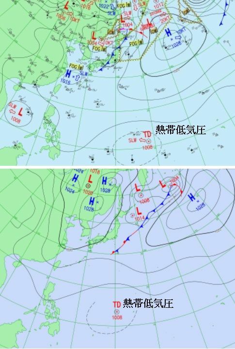 図1　地上天気図（上段、9月22日21時）と予想天気図（下段、9月24日9時）