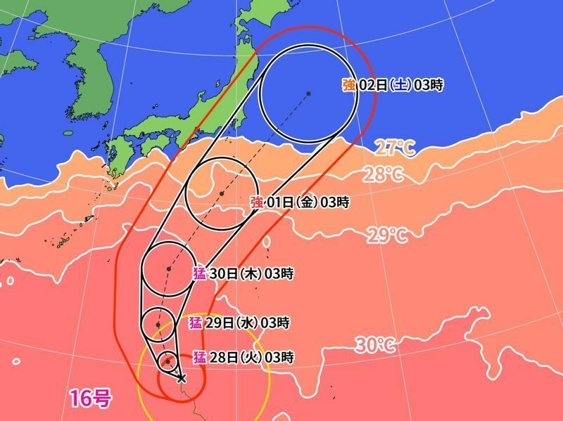 図1　台風16号の進路予報と海面水温（9月27日3時）