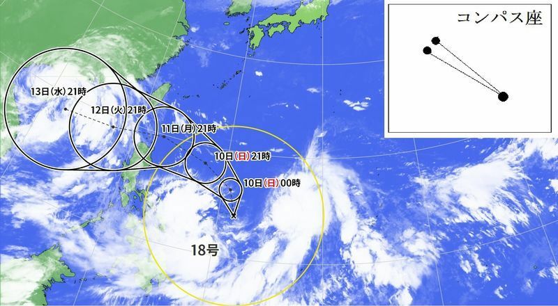 図1　台風18号の進路予報と気象衛星の雲（10月9日0時）