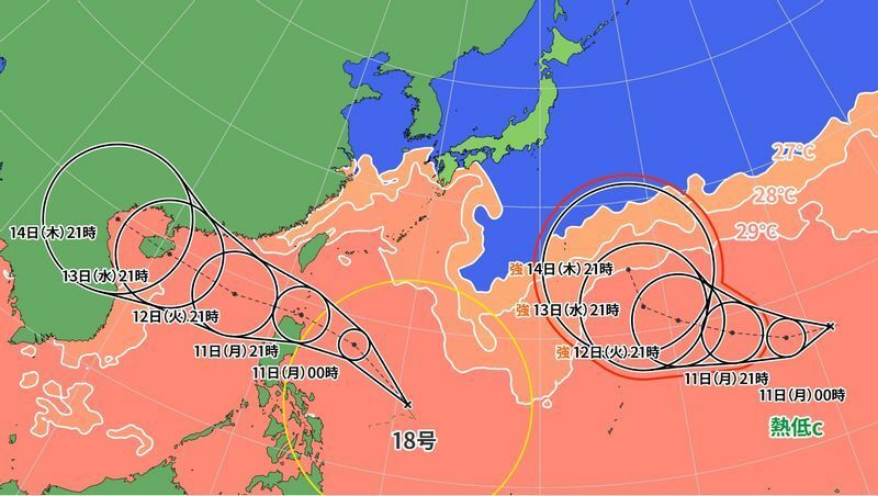 図1　台風18号と台風19号になりそうな熱帯低気圧の進路予報、及び海面水温
