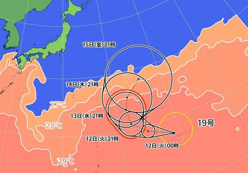 図1　台風19号の進路予報（10月11日0時）