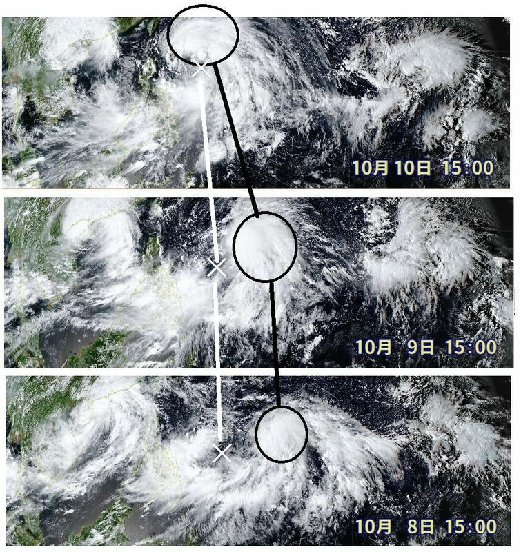 図3　台風18号の中心の動き（図中の白線）と台風の東側にある発達した積乱雲の塊の動き（図中の黒線）（10月8日15時～10日15時）